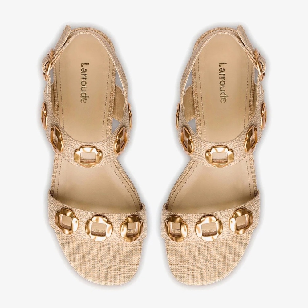 **NIB** Larroude Milan Flat Sandal In Beige Raffia